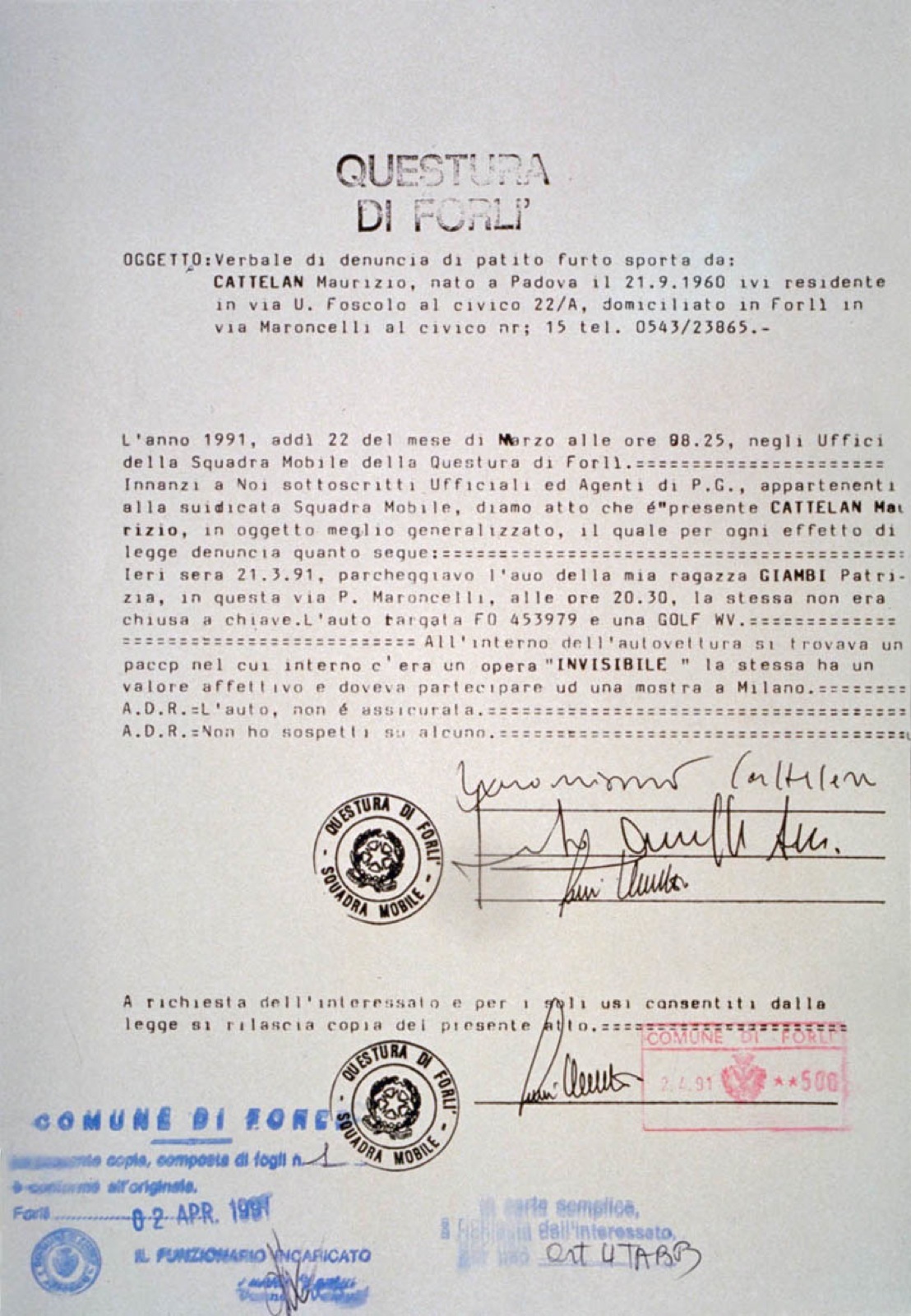19_maurizio cattelan_Untitled 1991 Police report of stolen invisible artwork